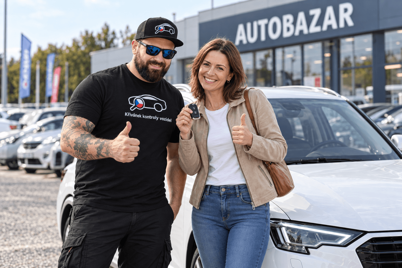Spokojená zákaznice s klíčky od auta po konzultaci